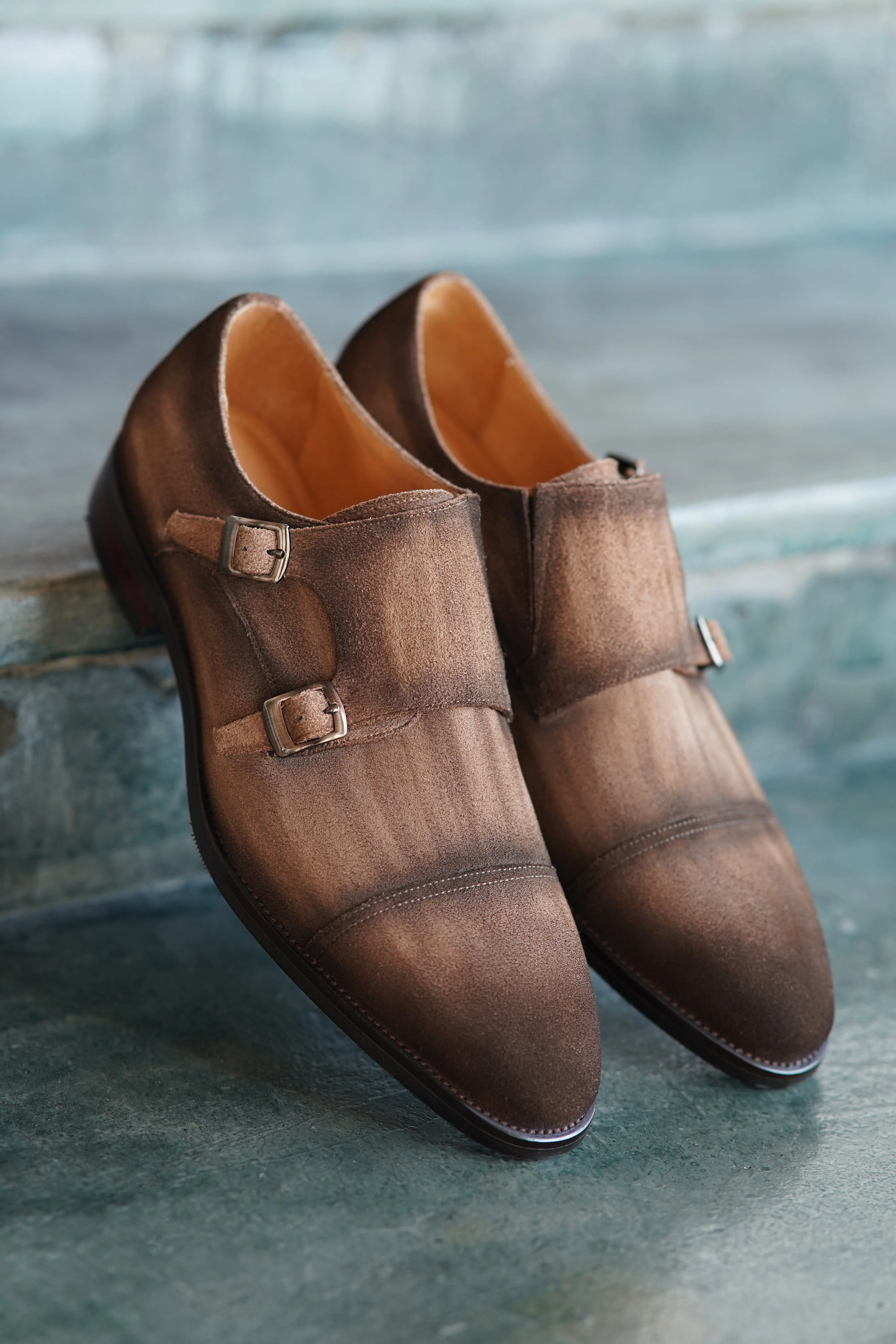 Handcrafted Brown Nubuck Double Monk Strap Shoes