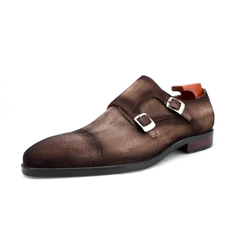 Handcrafted Brown Nubuck Double Monk Strap Shoes