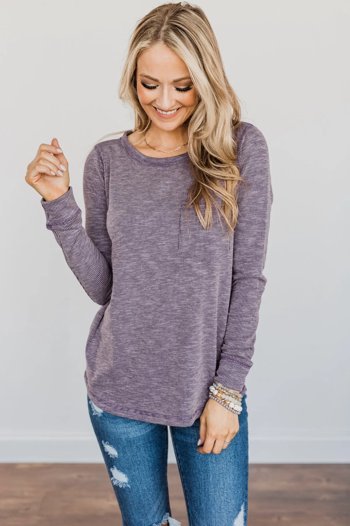 Harvest Knit Top with Pocket in Eggplant