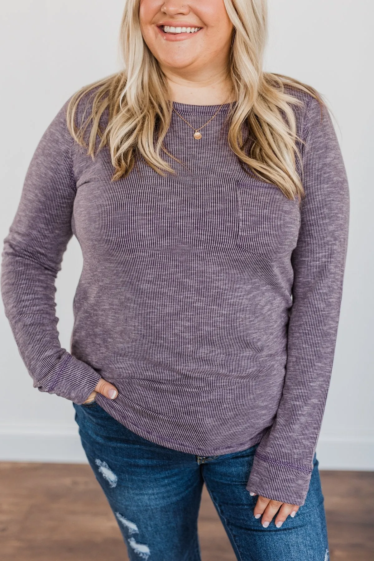 Harvest Knit Top with Pocket in Eggplant