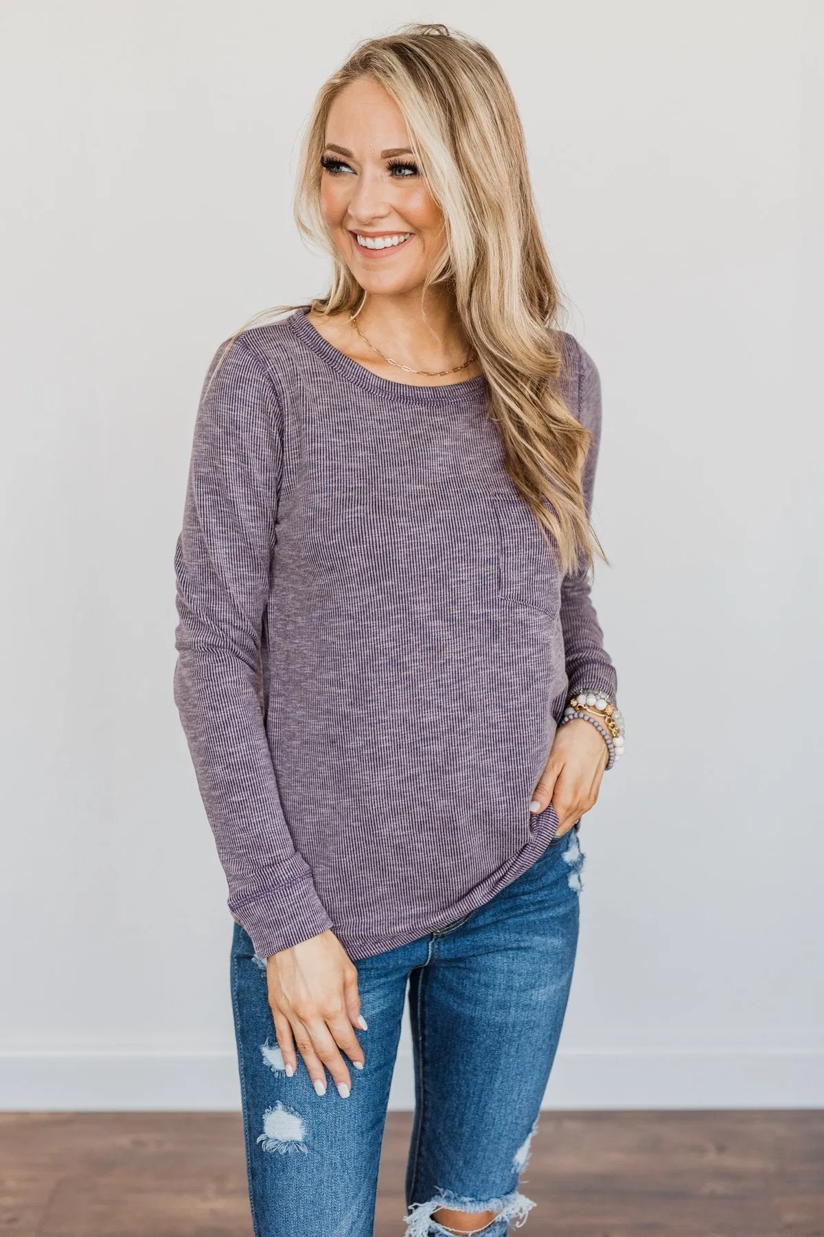 Harvest Knit Top with Pocket in Eggplant