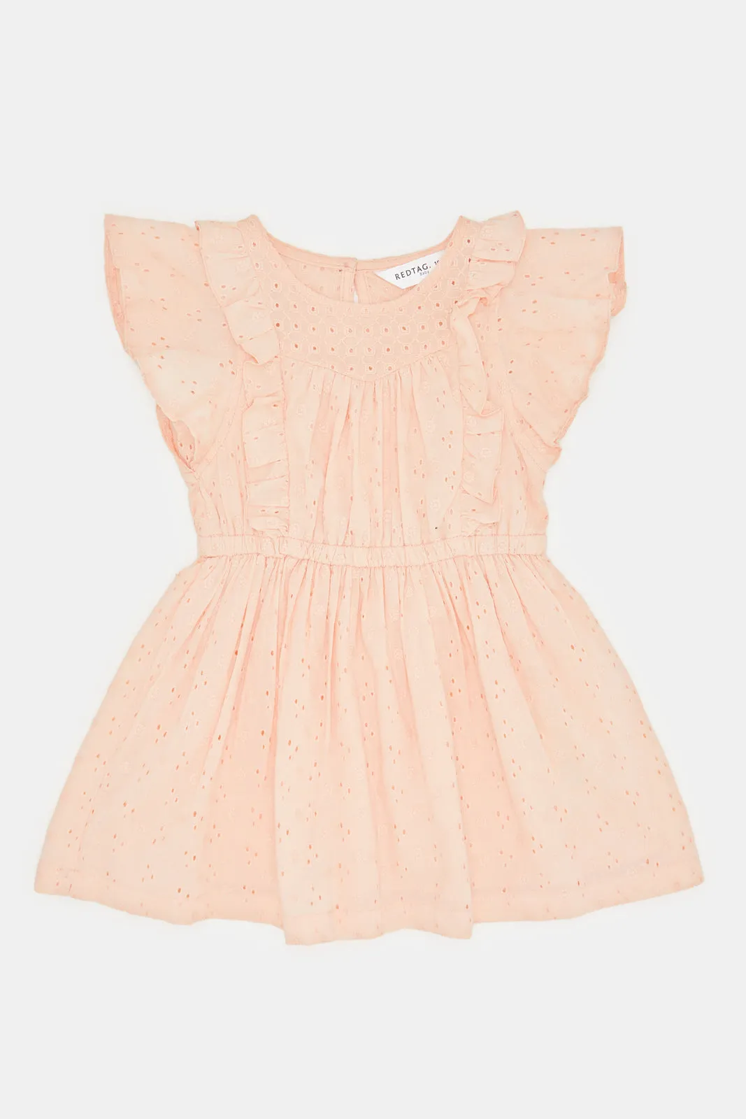 Infant Girls Orange Flutter Sleeves Schiffli Dress