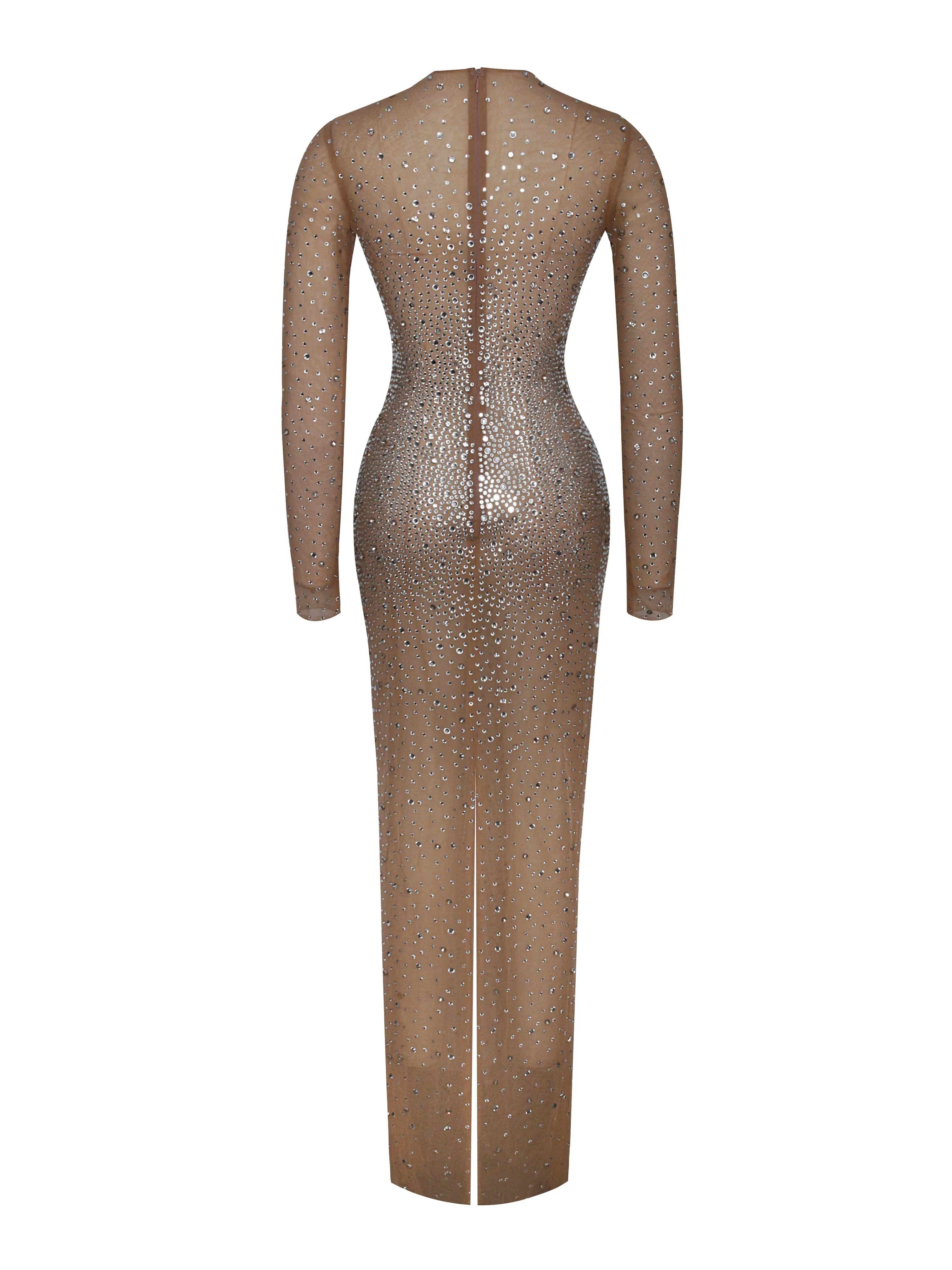 Isabel Crystal Embellished Mesh Long Sleeve Maxi Dress