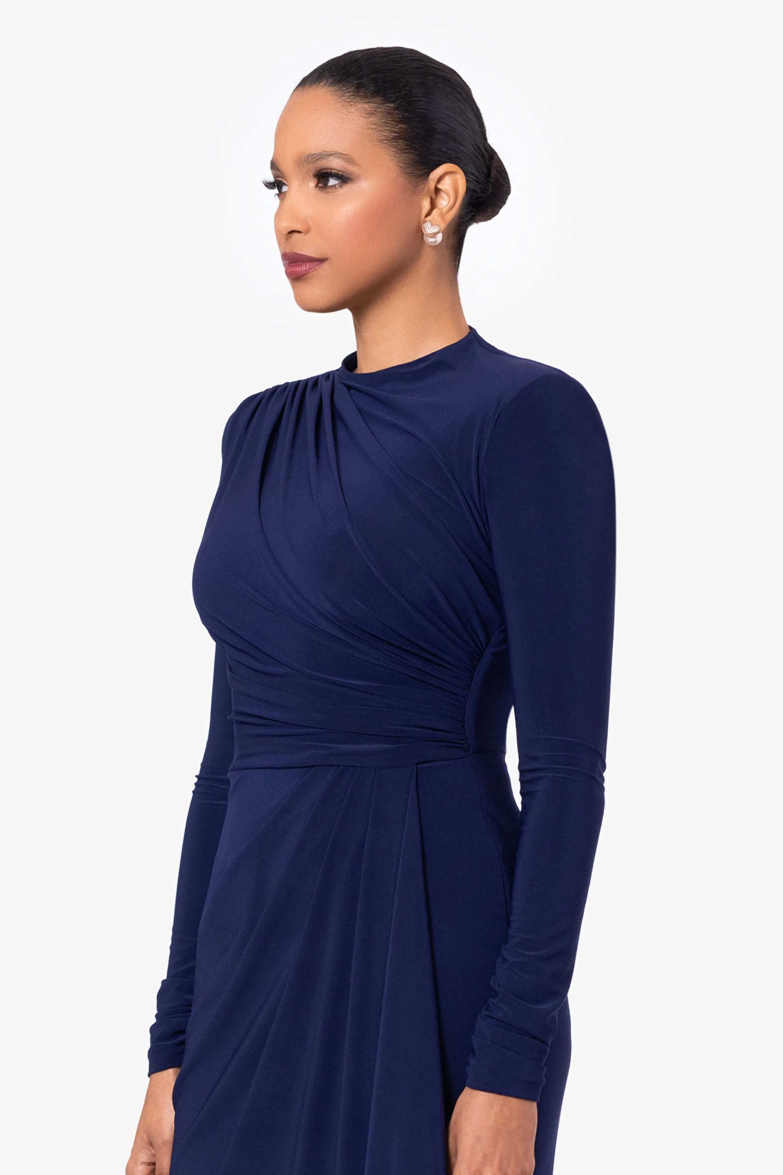 Jeanette Long Sleeve Stretch Knit Side Ruffle Dress