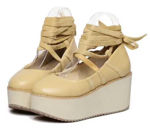 Khaki Ballerina Mary Jane Wedges Platforms