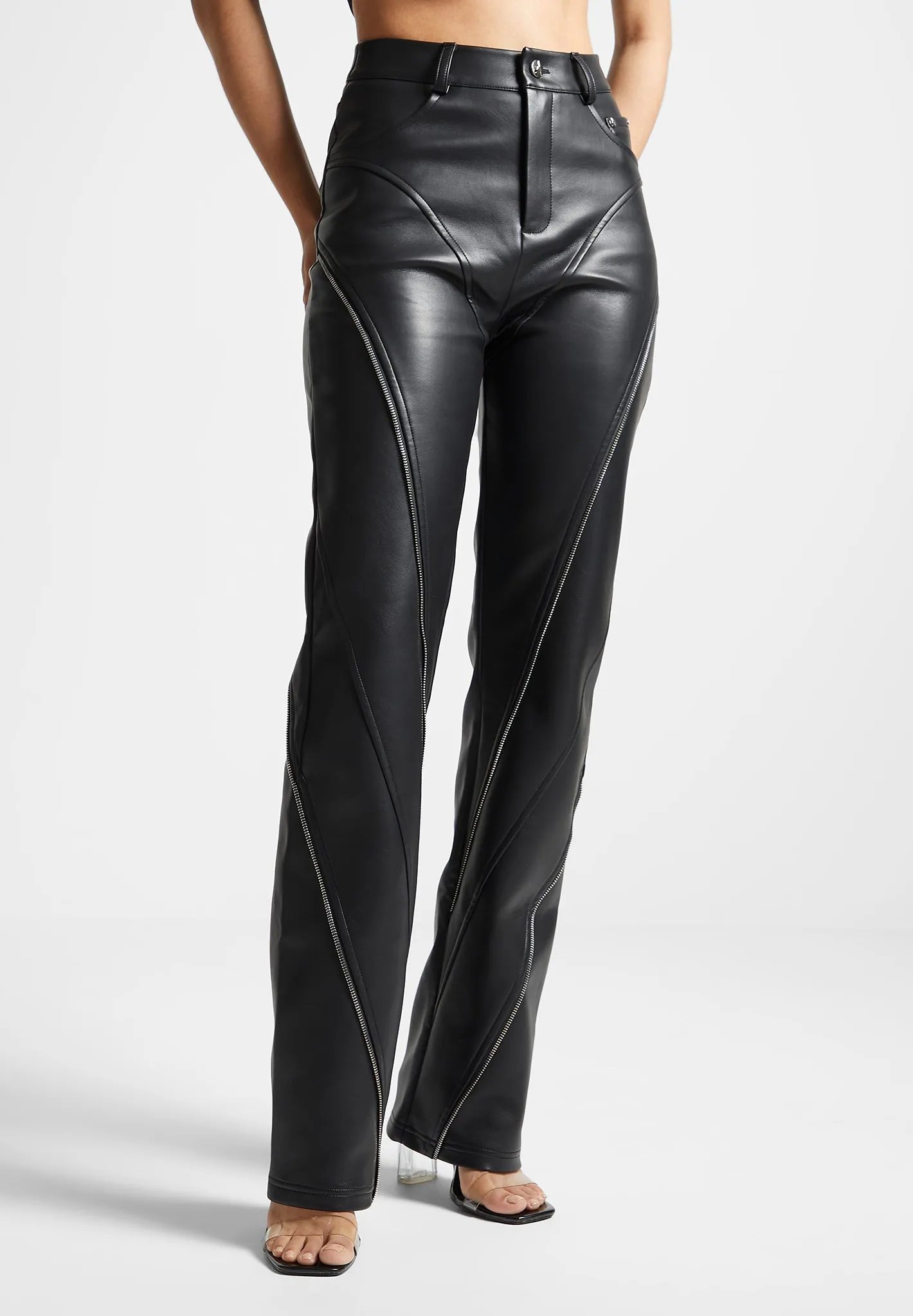 Leather Biker Trousers with Zip - Black