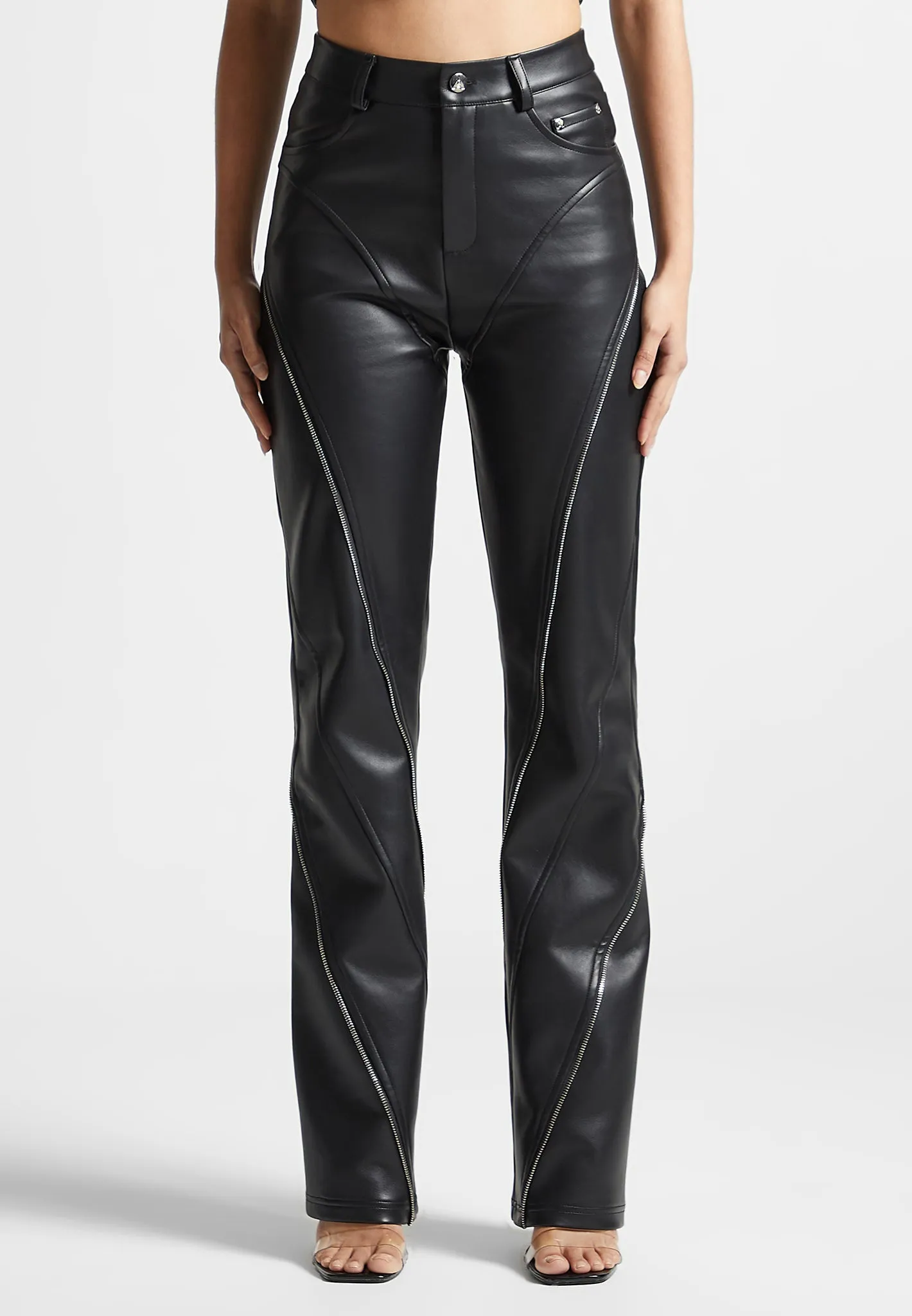 Leather Biker Trousers with Zip - Black