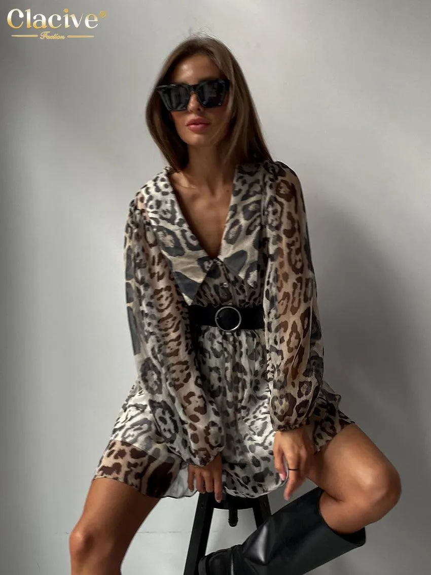 Leopard Print V-Neck Flare Sleeve Ruffle Dress