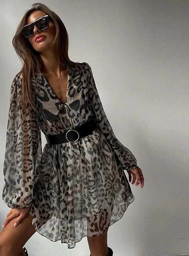 Leopard Print V-Neck Flare Sleeve Ruffle Dress