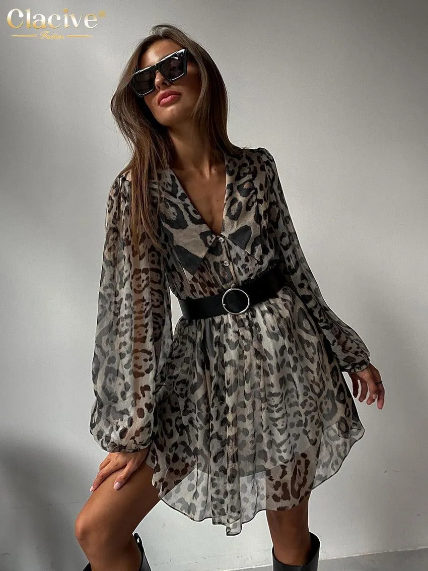 Leopard Print V-Neck Flare Sleeve Ruffle Dress