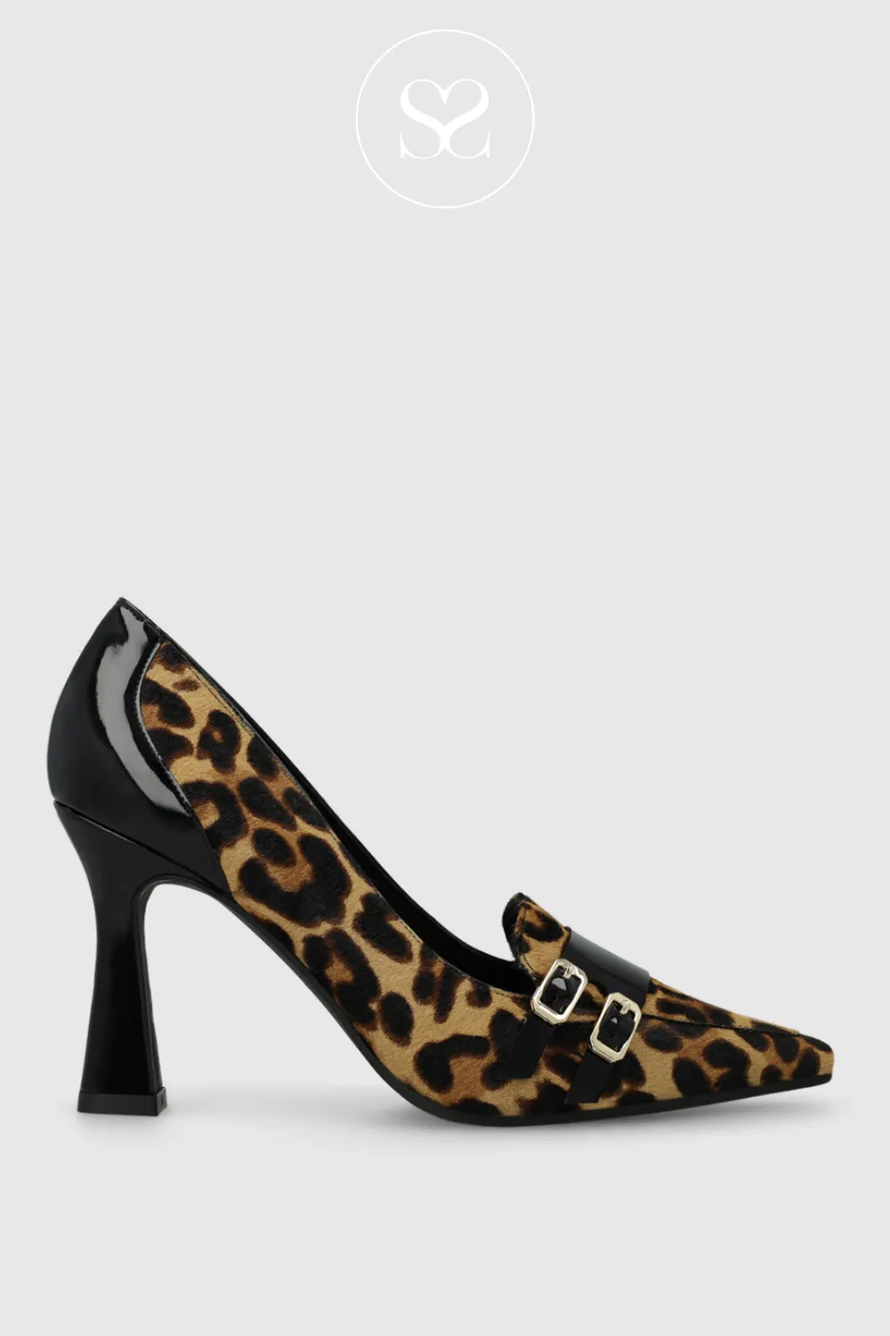 LODI MORLAS LEOPARD LEATHER POINTED TOE HEELED COURT SHOES