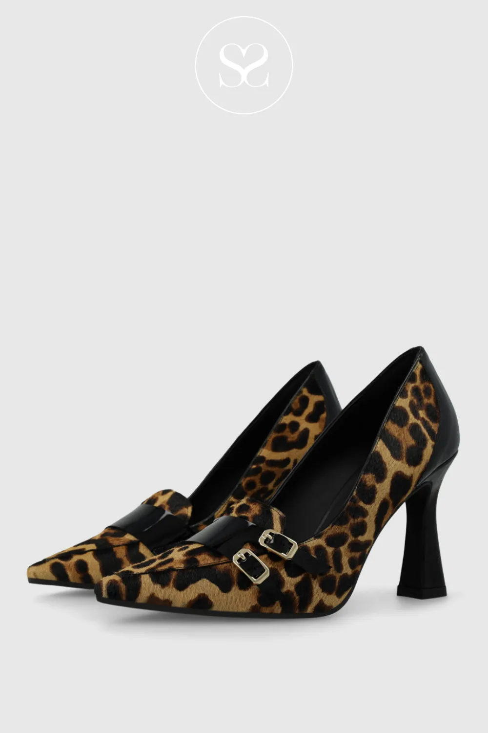 LODI MORLAS LEOPARD LEATHER POINTED TOE HEELED COURT SHOES