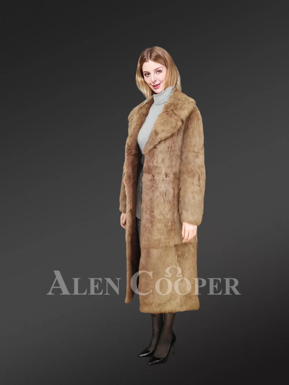 Brown Long Dressy Rabbit Fur Coat