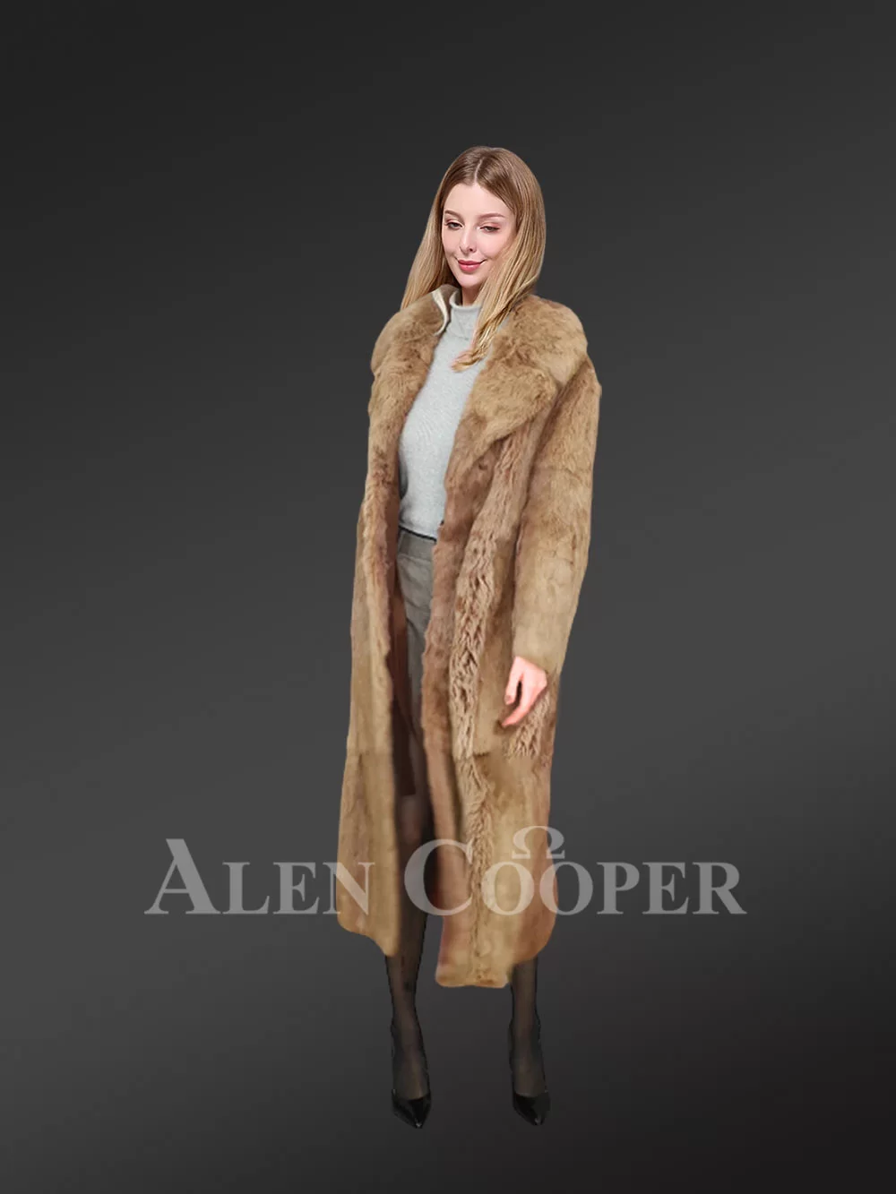 Brown Long Dressy Rabbit Fur Coat