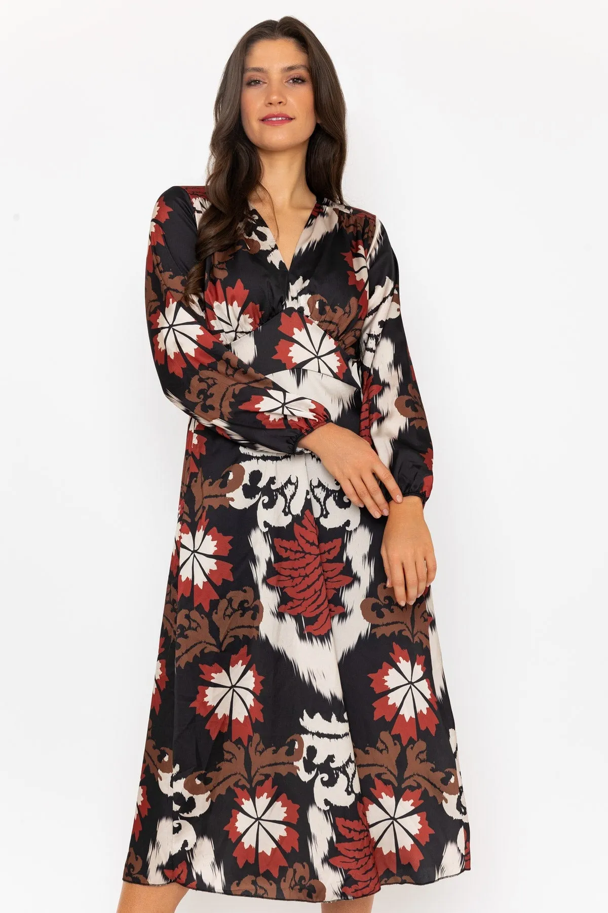 Long Sleeve Cliodhna Midi Dress Sateen Brown Print