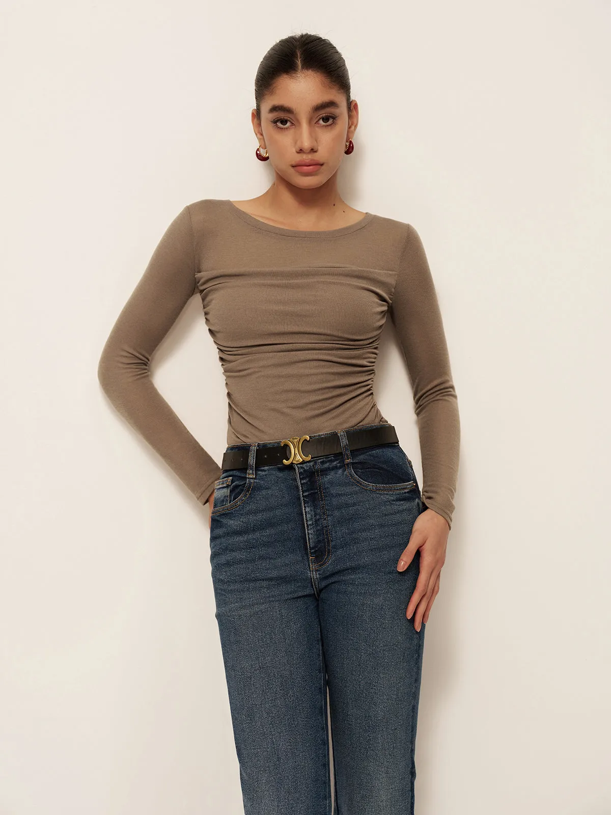 Long Sleeve Pleated Slim Panel T-Shirt