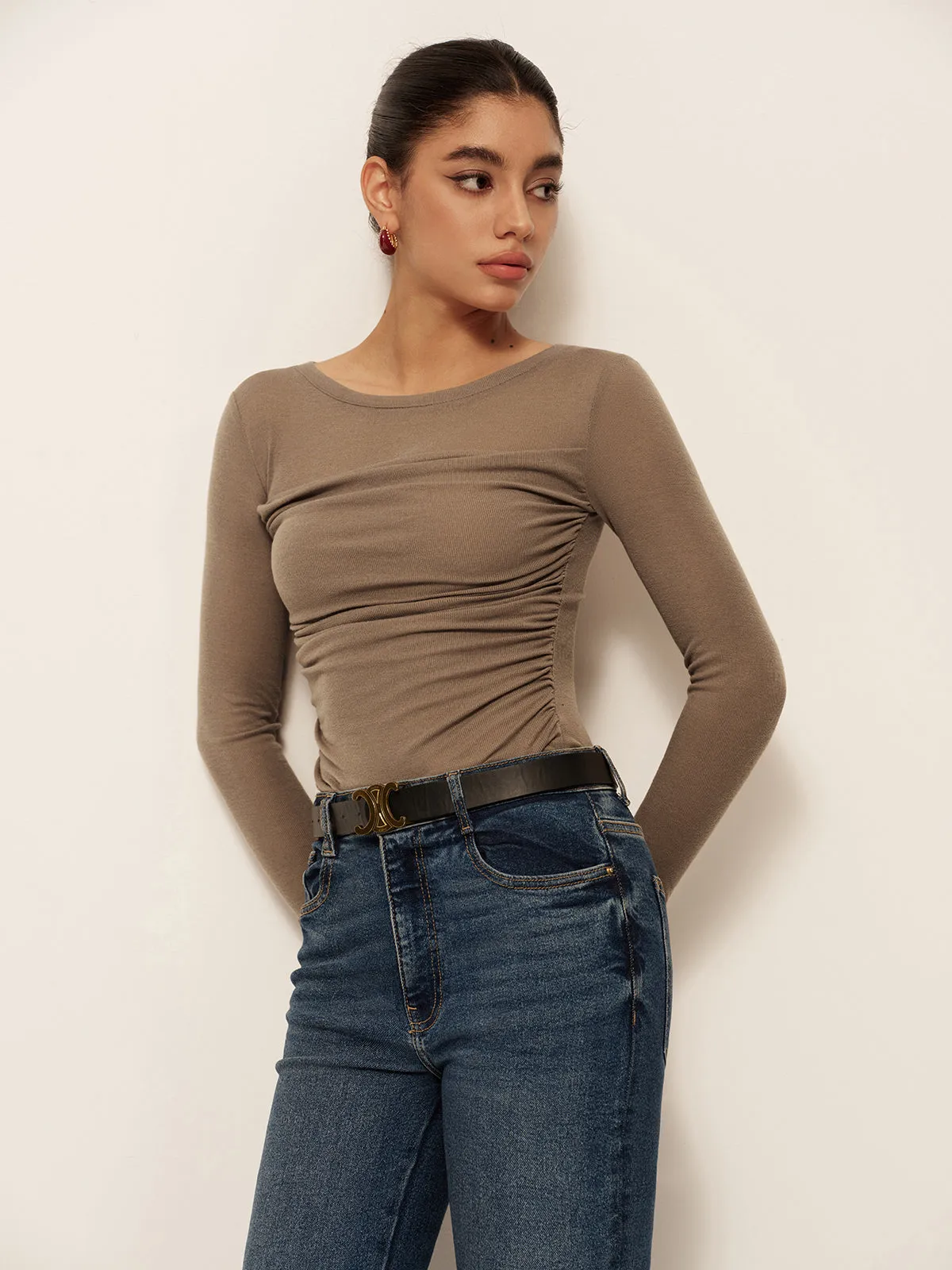 Long Sleeve Pleated Slim Panel T-Shirt