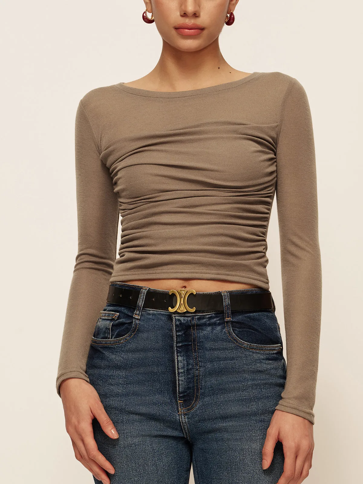 Long Sleeve Pleated Slim Panel T-Shirt