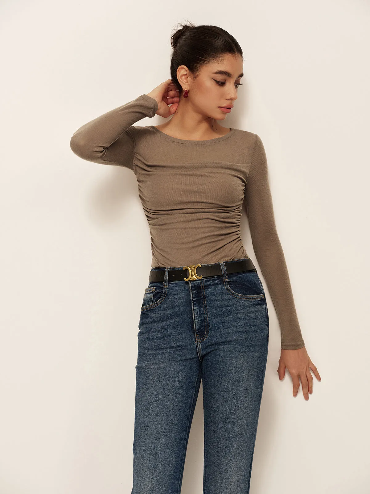 Long Sleeve Pleated Slim Panel T-Shirt