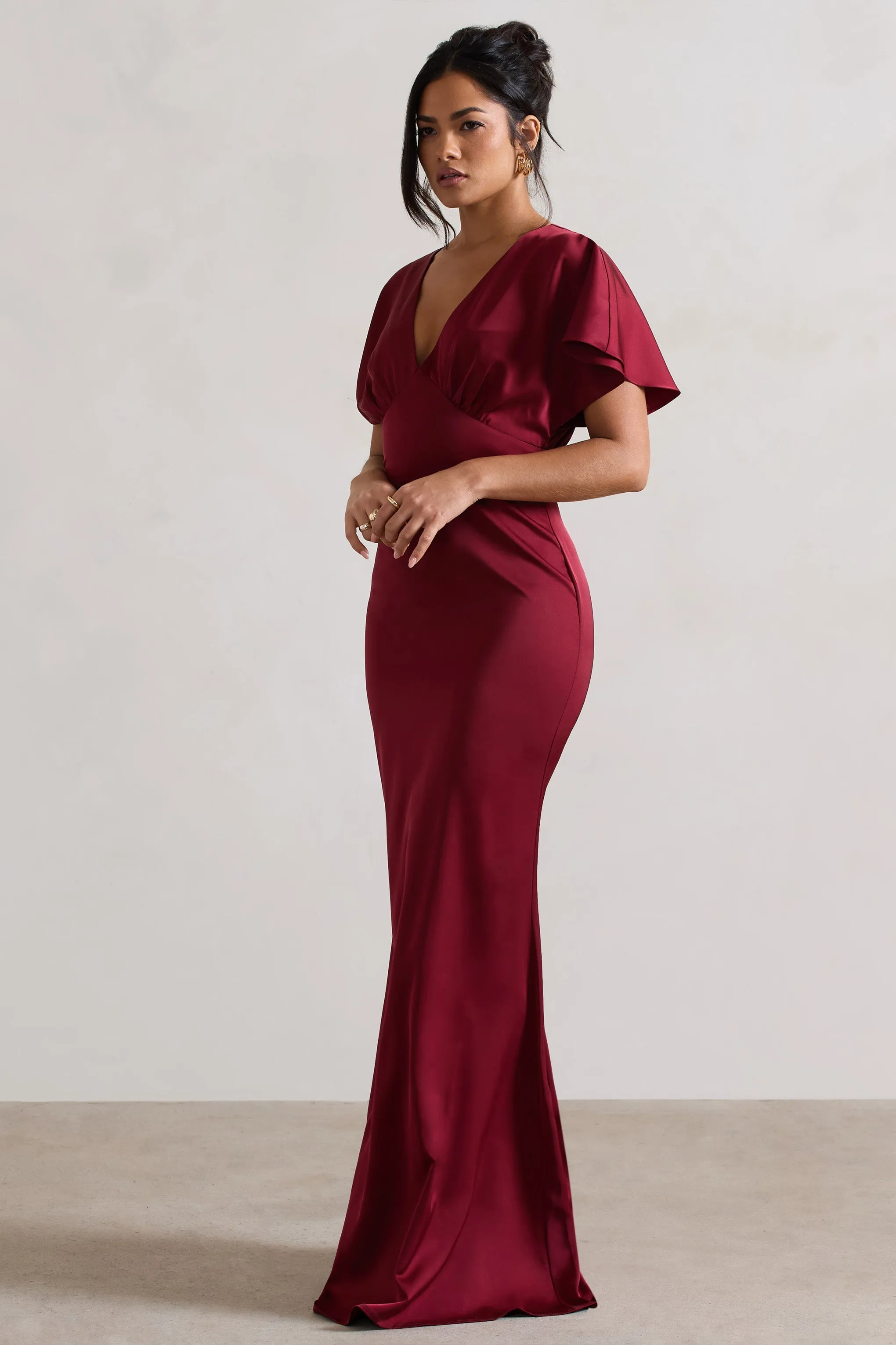 Marisa | Berry Satin V-Neck Flutter-Sleeve Maxi Dress