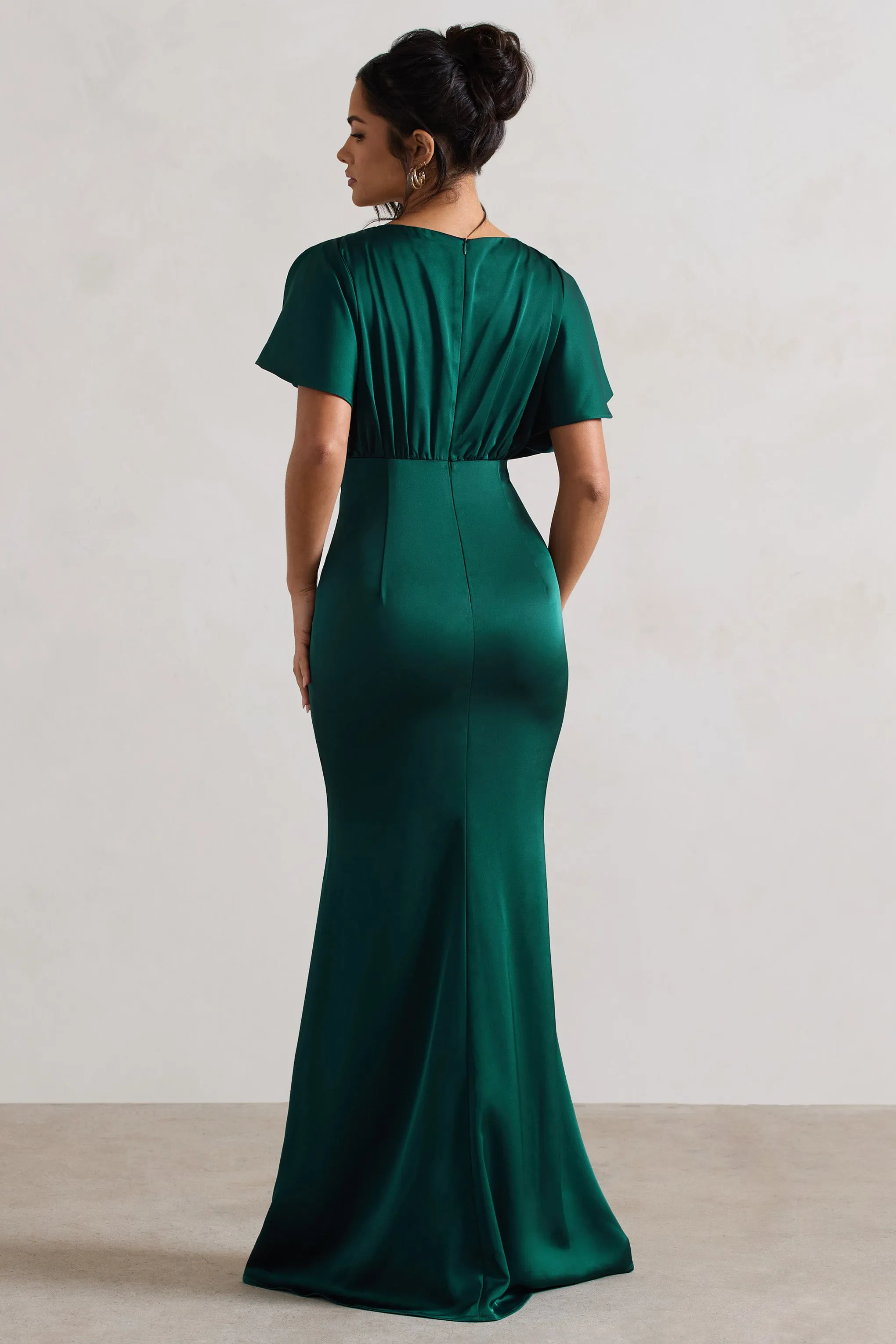 Marisa | Dark Green Satin V-Neck Flutter-Sleeve Maxi Dress