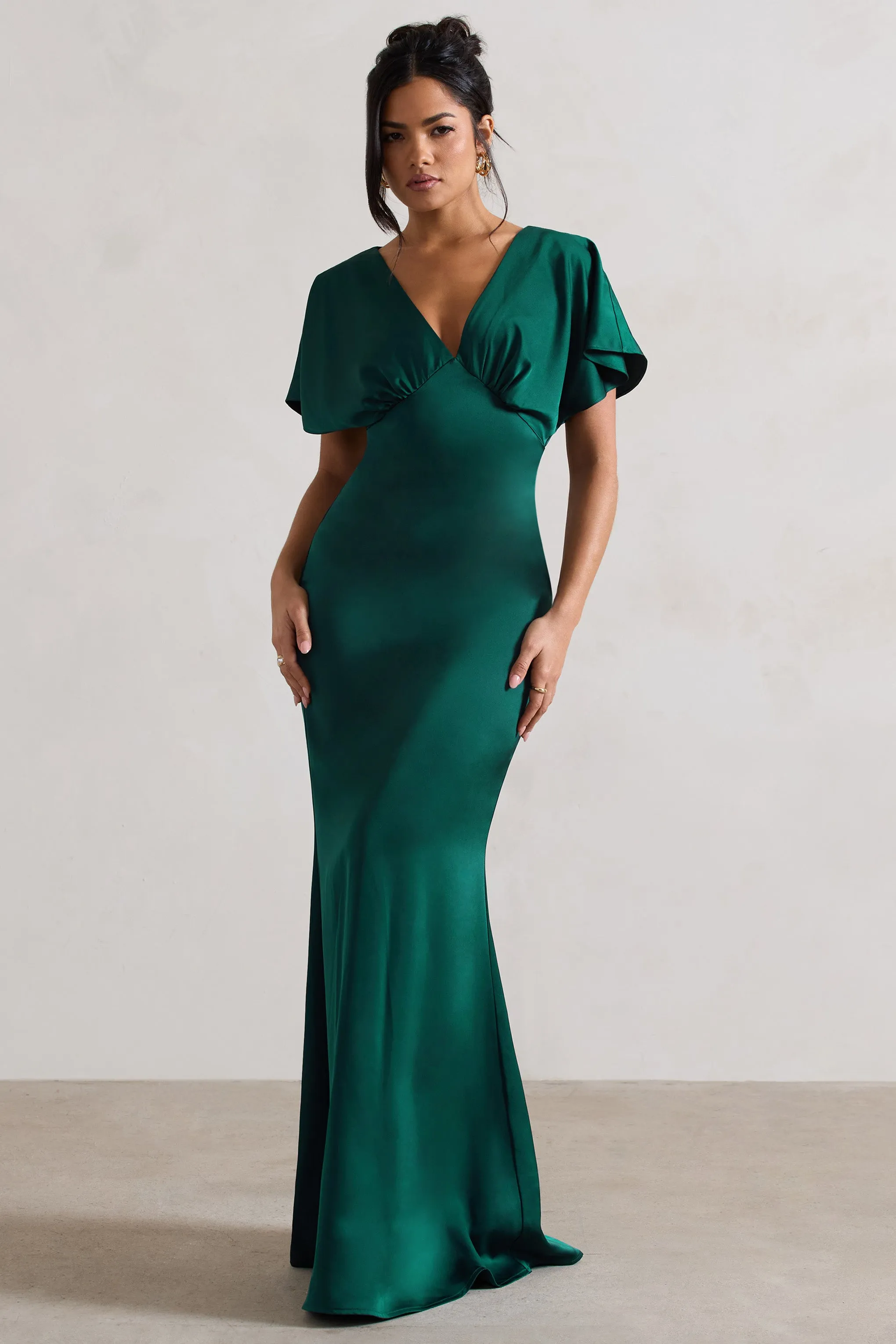 Marisa | Dark Green Satin V-Neck Flutter-Sleeve Maxi Dress