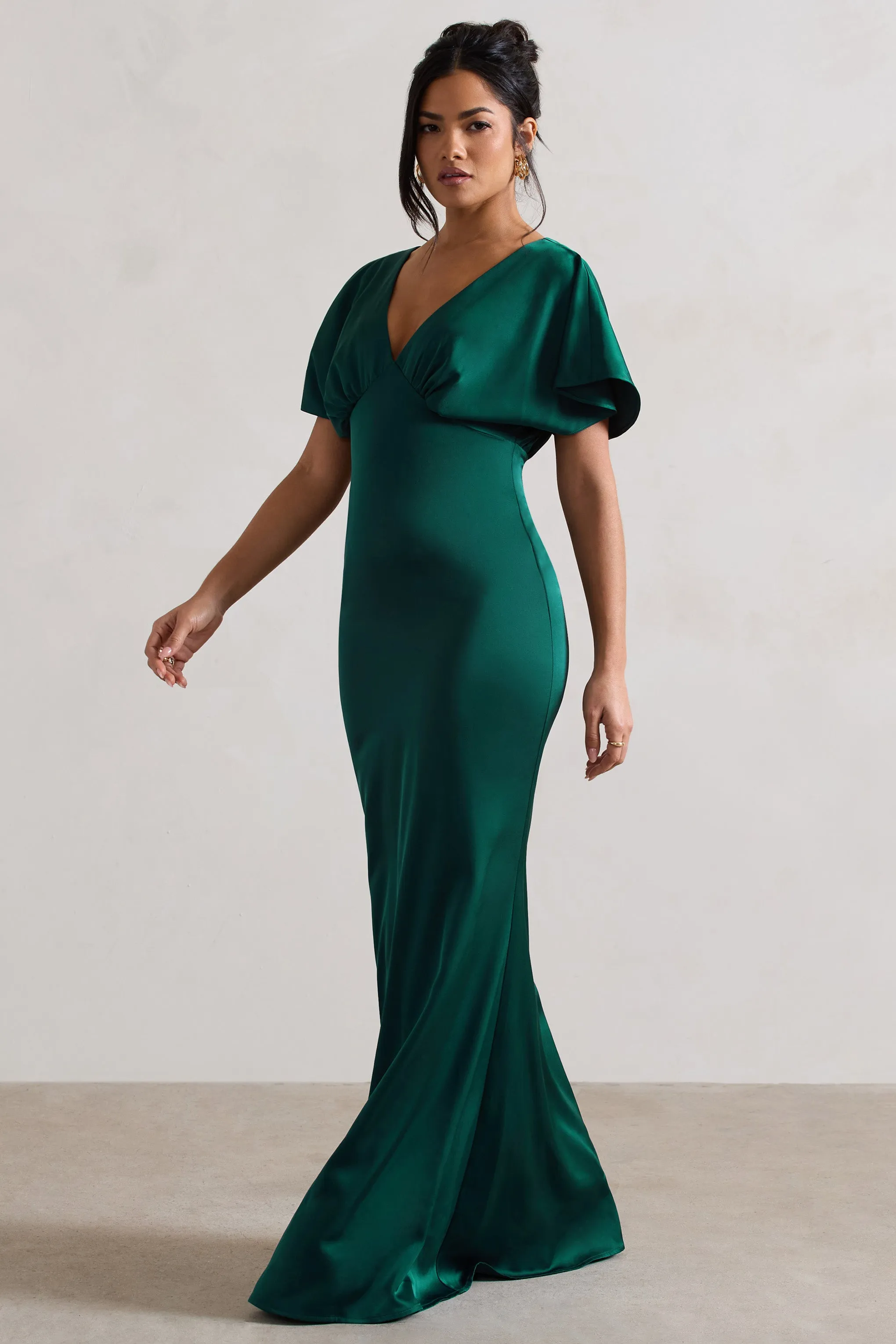 Marisa | Dark Green Satin V-Neck Flutter-Sleeve Maxi Dress