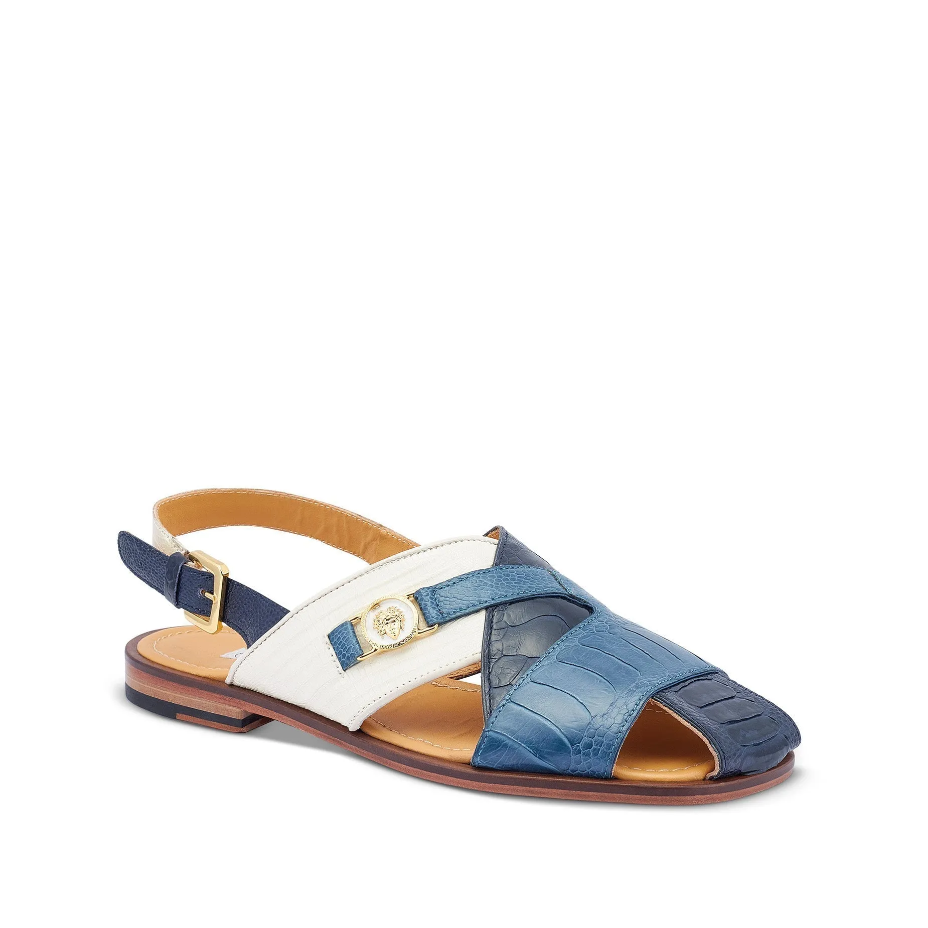 Mauri 5076 Romano Men's Shoes Two-Tone Blue & Cream Exotic Ostrich Leg / Tejus Lizard Sandals (MAS5429)