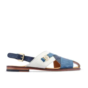 Mauri 5076 Romano Men's Shoes Two-Tone Blue & Cream Exotic Ostrich Leg / Tejus Lizard Sandals (MAS5429)