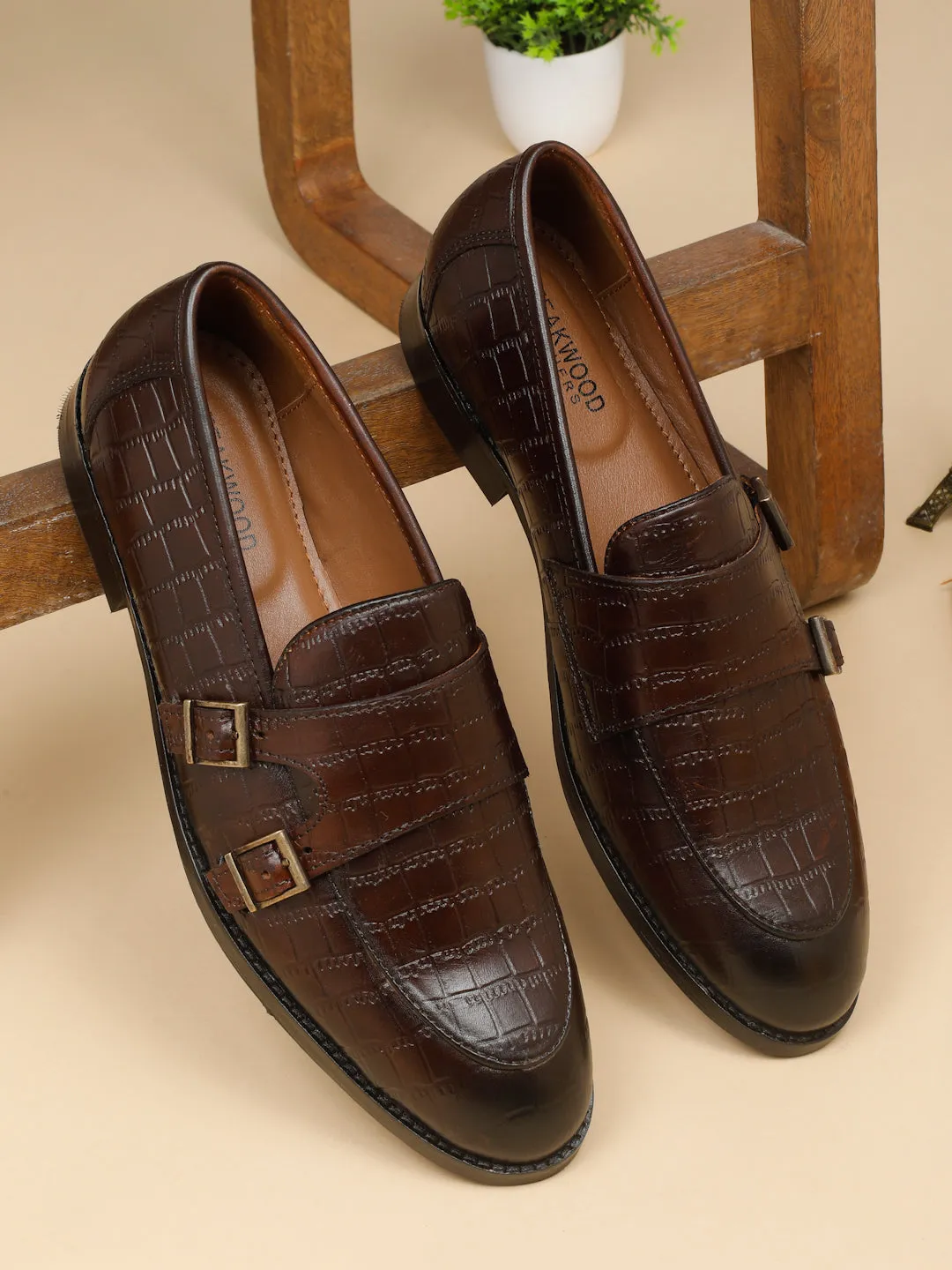 Men's Brown Leather Textured Slip-On Shoes