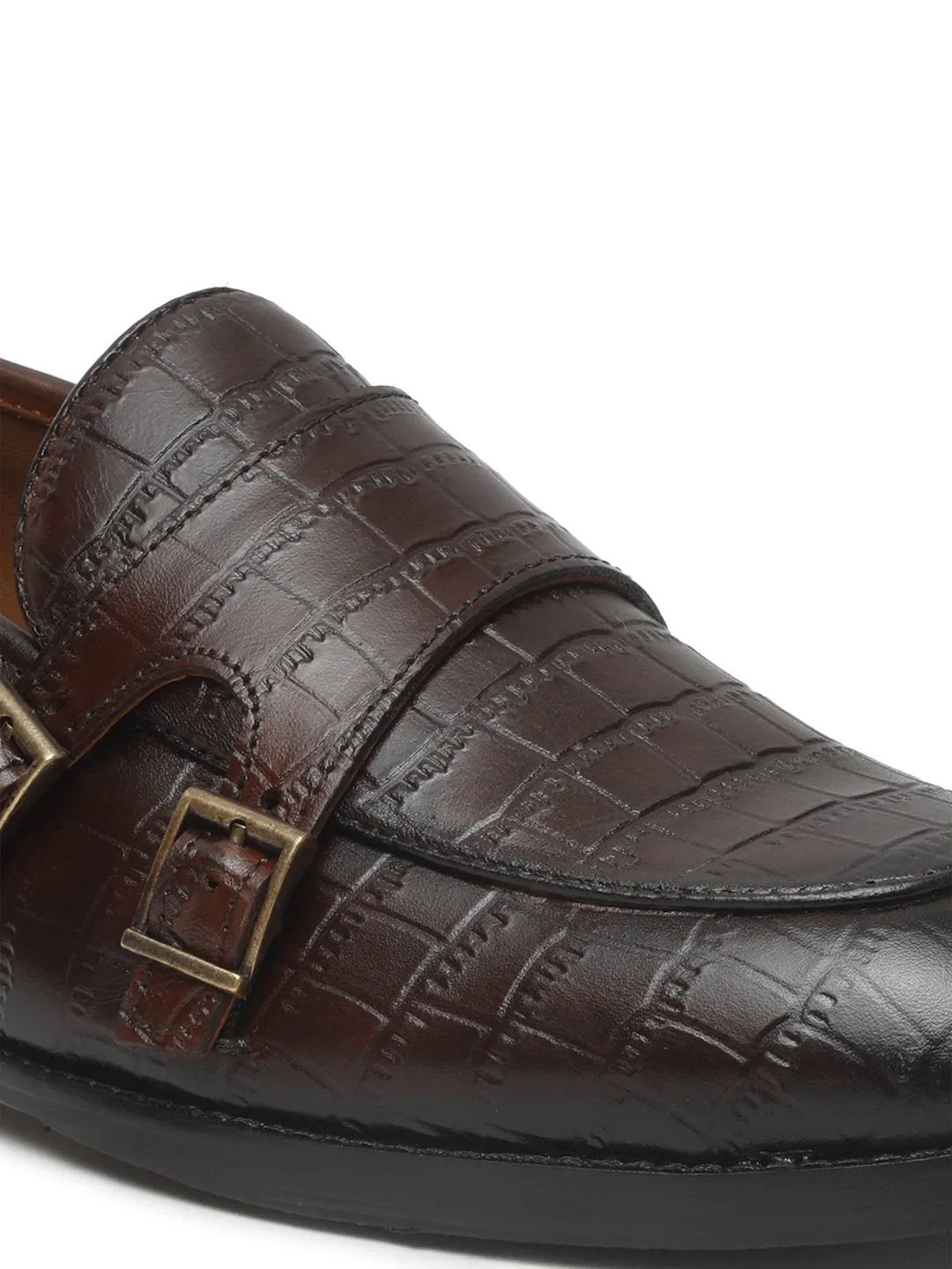 Men's Brown Leather Textured Slip-On Shoes