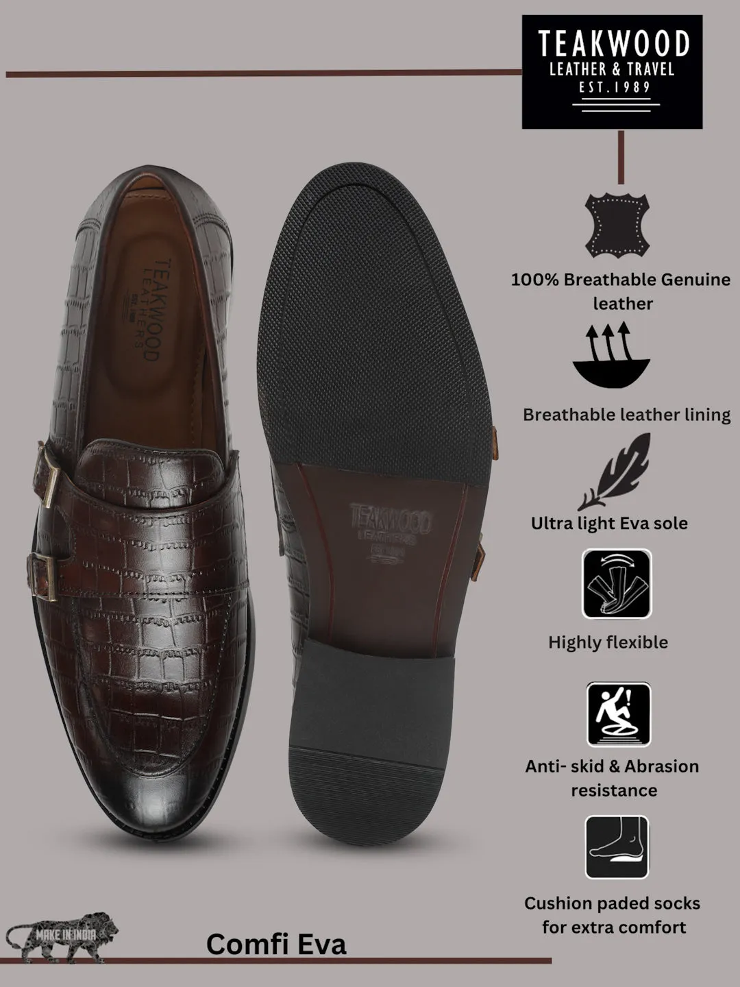 Men's Brown Leather Textured Slip-On Shoes