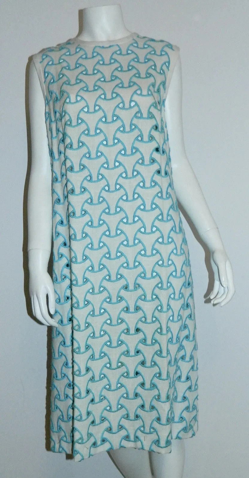 MOD vintage 1960s cut out dress L'Aiglon white sleeveless sheath / trompe l'oeil embroidery