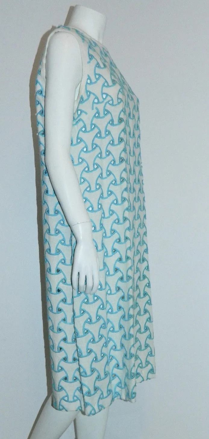 MOD vintage 1960s cut out dress L'Aiglon white sleeveless sheath / trompe l'oeil embroidery