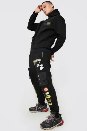 Motorsport Print Utility Hooded Tracksuit | boohooMAN UK