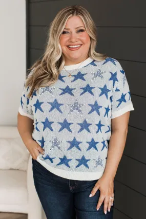 Navy and Ivory Knit Top with Stars Print