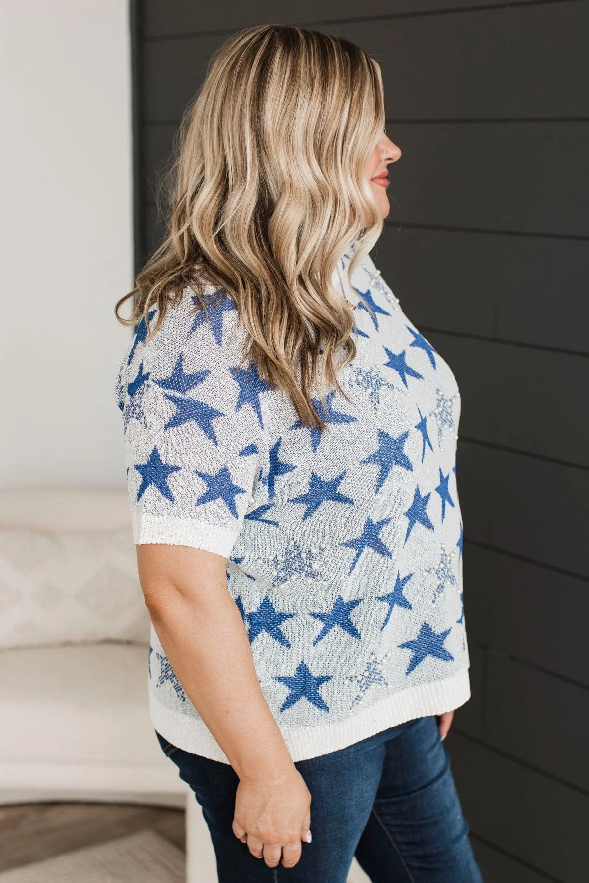 Navy and Ivory Knit Top with Stars Print