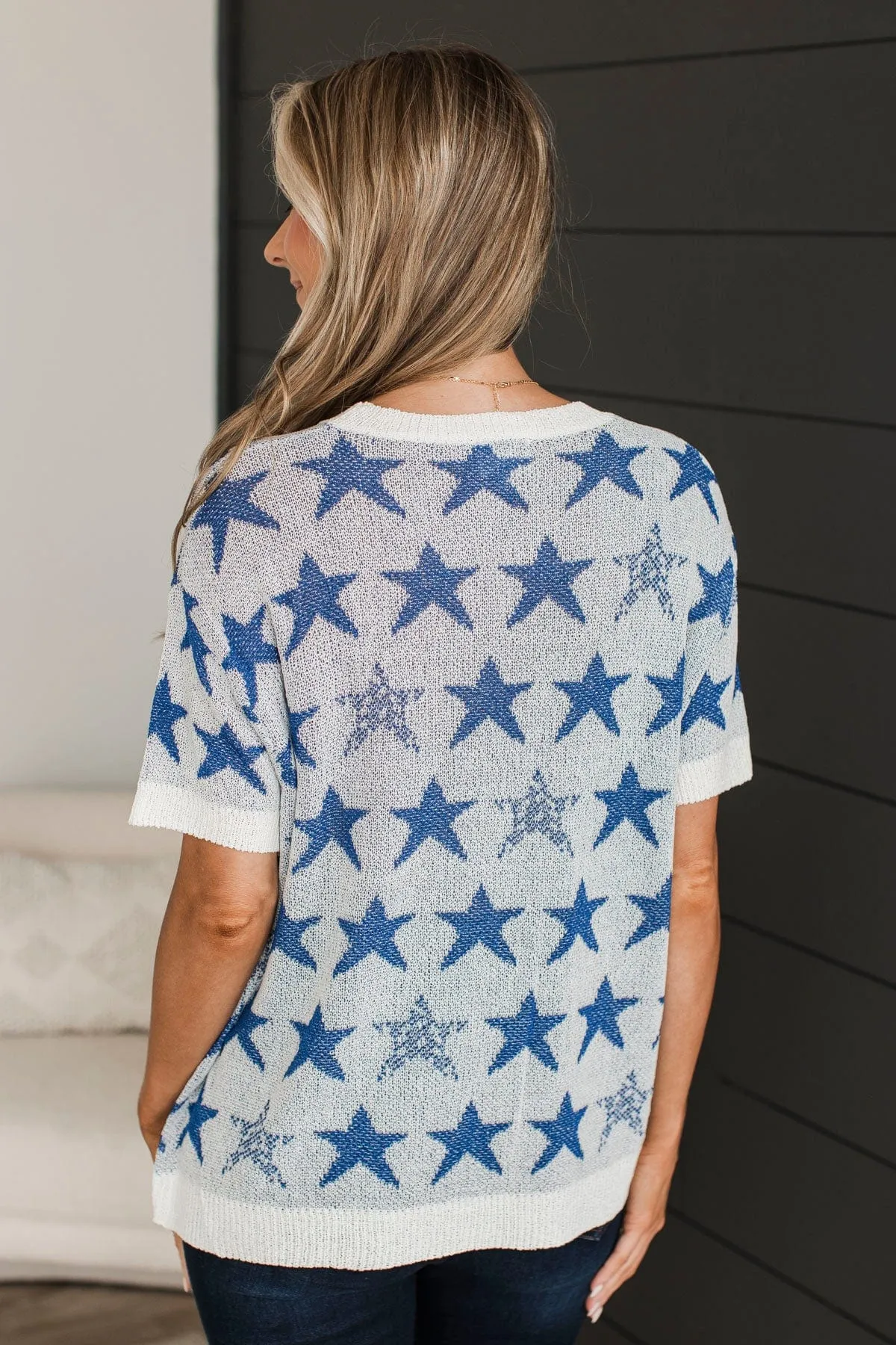 Navy and Ivory Knit Top with Stars Print