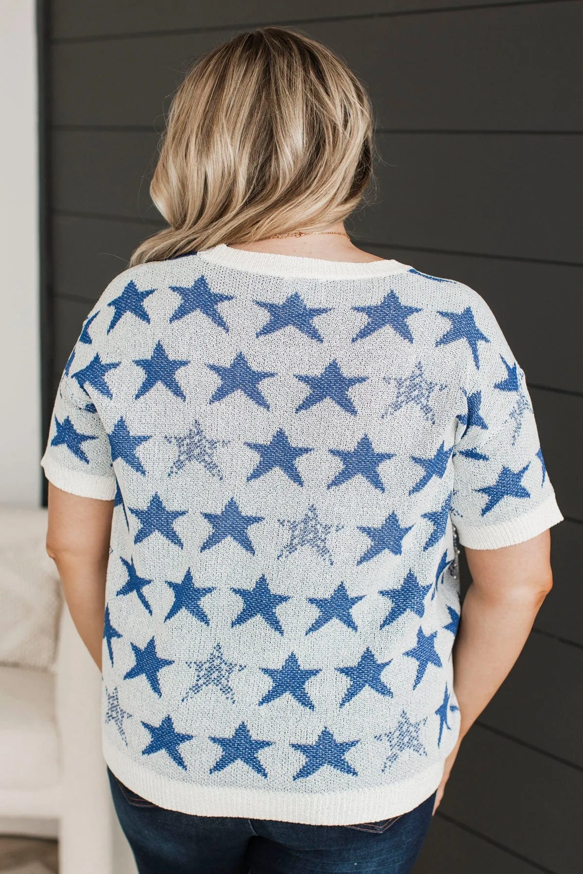 Navy and Ivory Knit Top with Stars Print