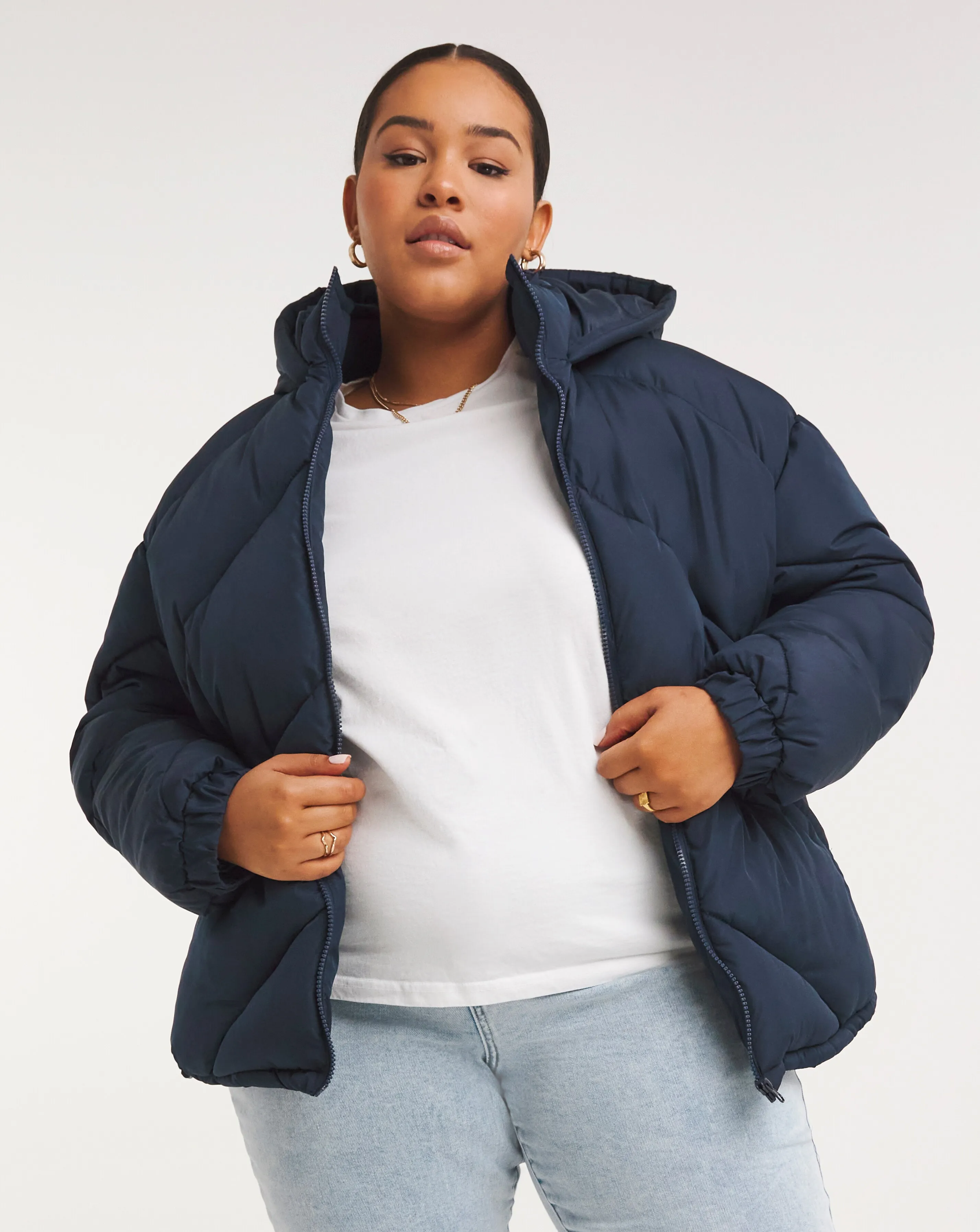 Navy Chevron Short Padded Coat