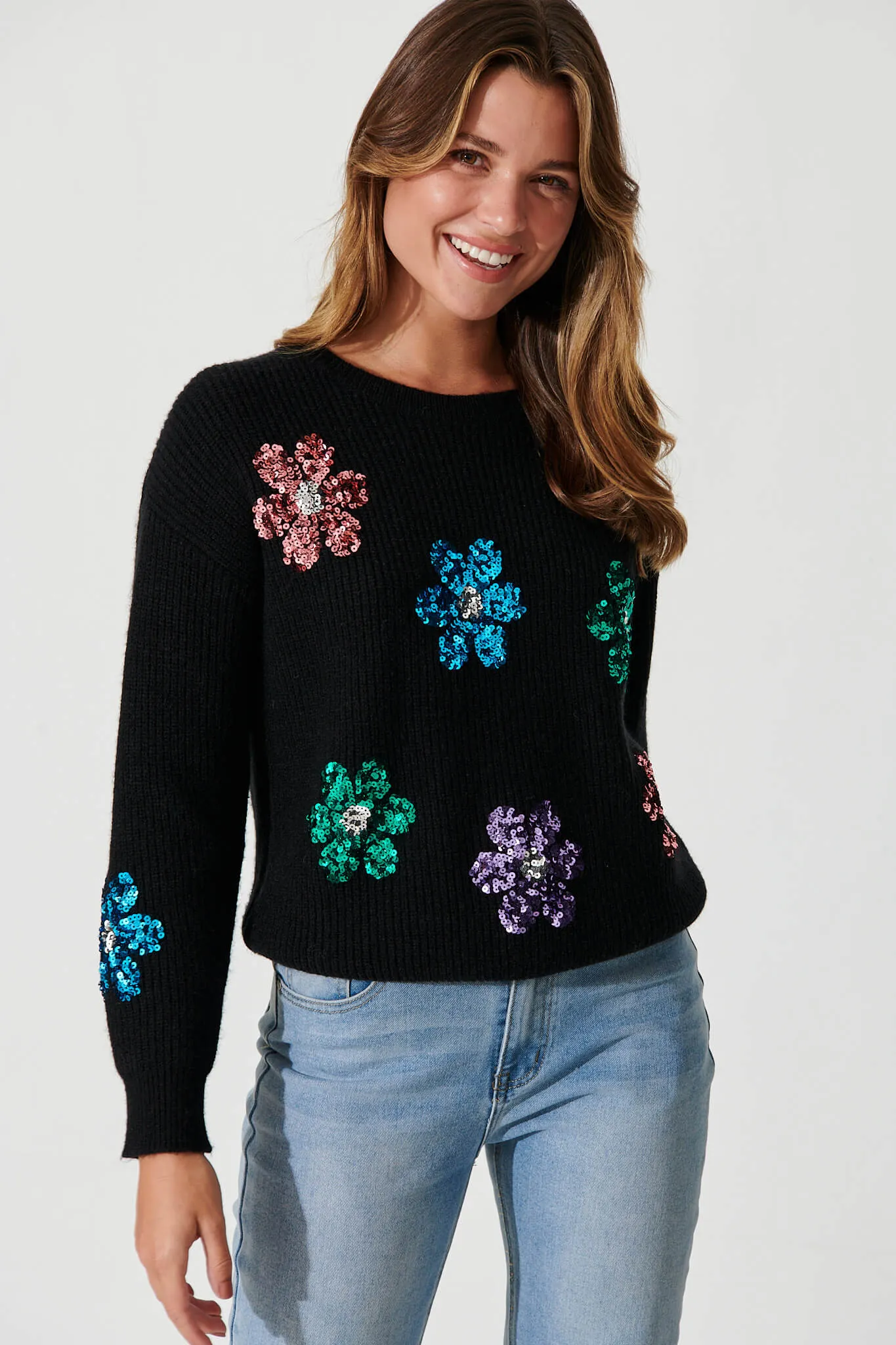 Novanta Knit In Black With Sequin Flower Wool Blend