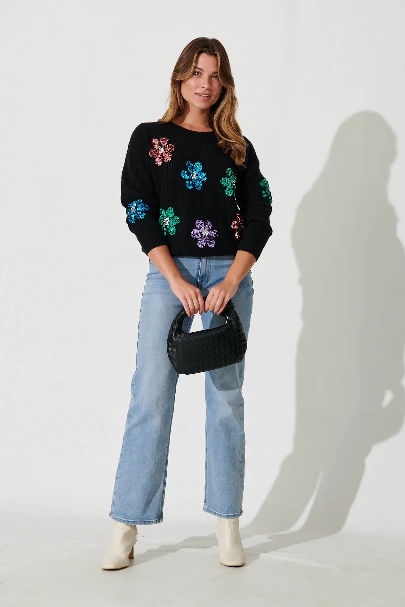 Novanta Knit In Black With Sequin Flower Wool Blend