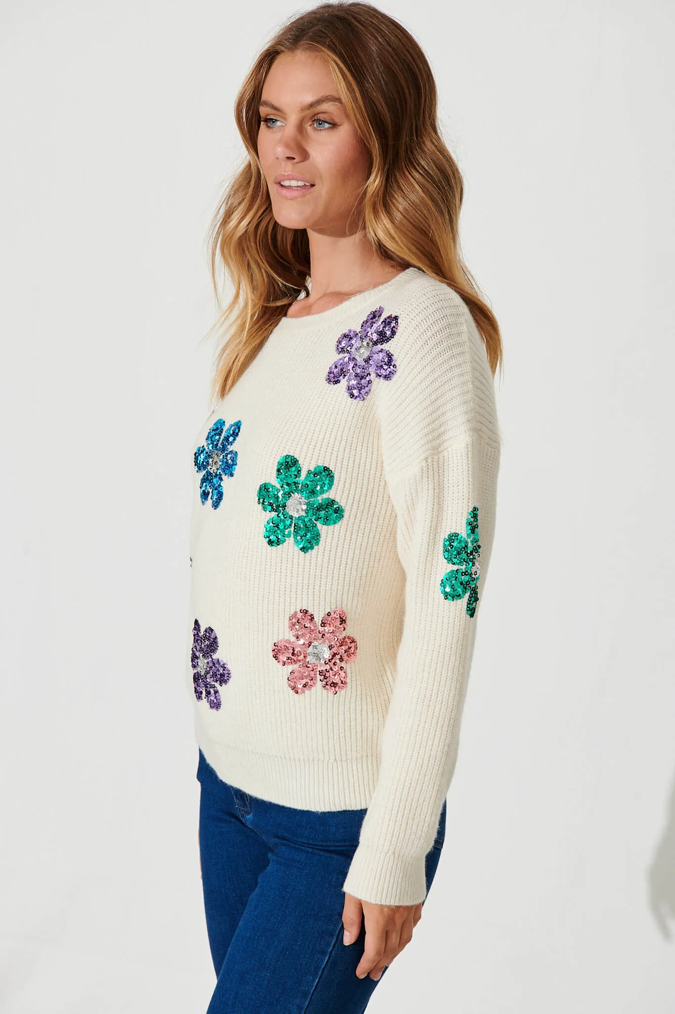 Novanta Knit In Cream With Sequin Flower Wool Blend