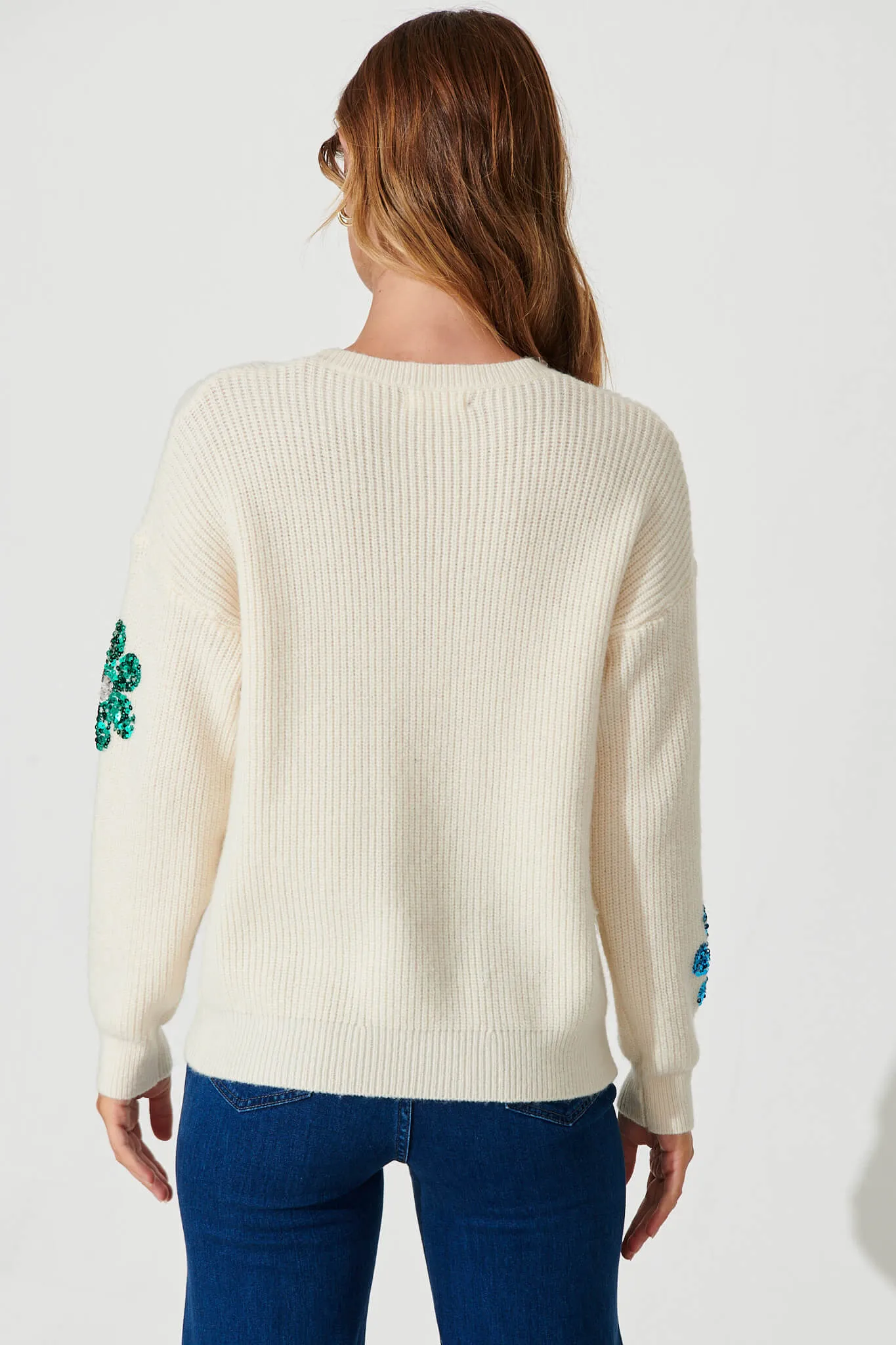 Novanta Knit In Cream With Sequin Flower Wool Blend