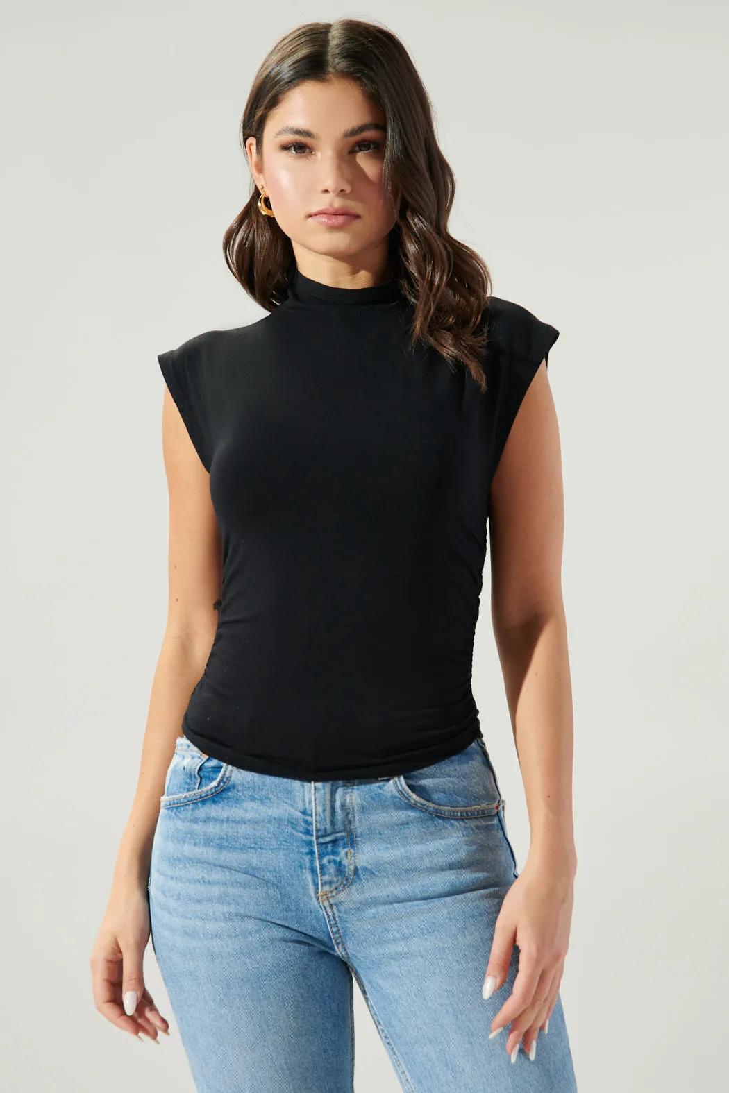 On the Go Mock Neck Ruched Jersey Knit Top