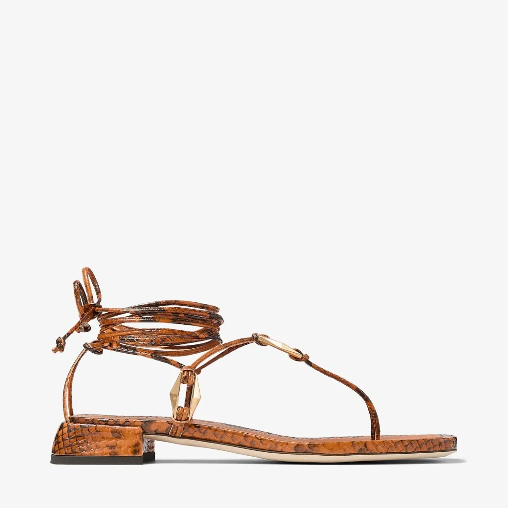 Onyxia Flat Copper Snake Print Sandals