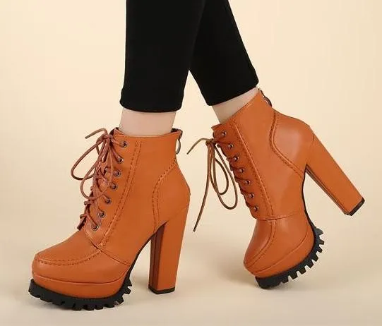 Ankle Combat Boots with Lace-Up Orange Brown Platforms