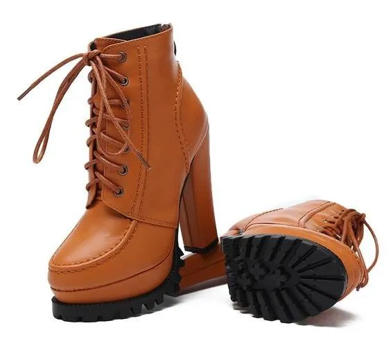 Ankle Combat Boots with Lace-Up Orange Brown Platforms