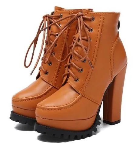 Ankle Combat Boots with Lace-Up Orange Brown Platforms