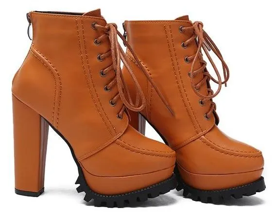 Ankle Combat Boots with Lace-Up Orange Brown Platforms